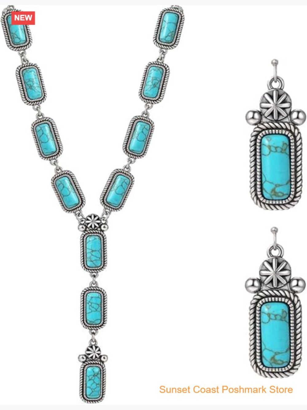 Turquoise Jewelry Set with Long Necklace & Earrings Western Boho Vintage Style